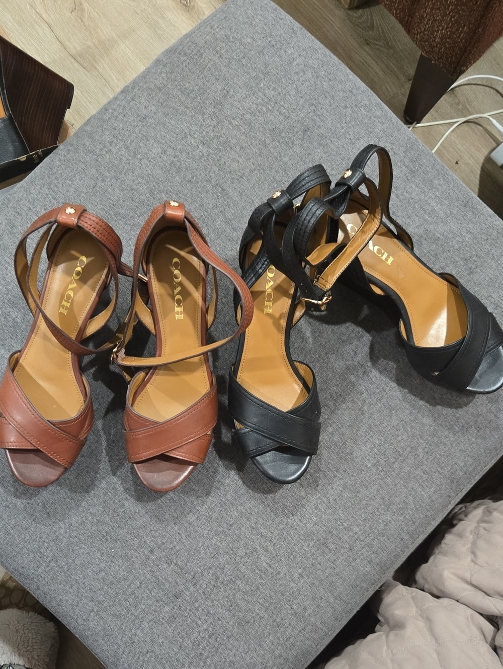2 Pairs Of Coach Women's Leather Wedge Sandals in Black and Brown